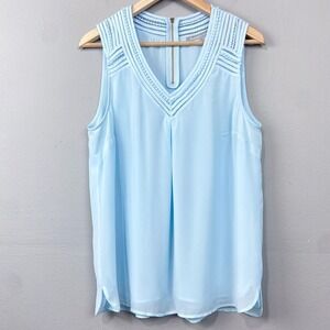 Daniel Rainn Blouse Size L Light Blue Crochet Trim Zipper Back Sleeveless V Neck